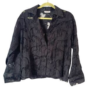 Vintage Black‎ Lisbeth Oslo Burnout Silk Button Front Formal Blouse L